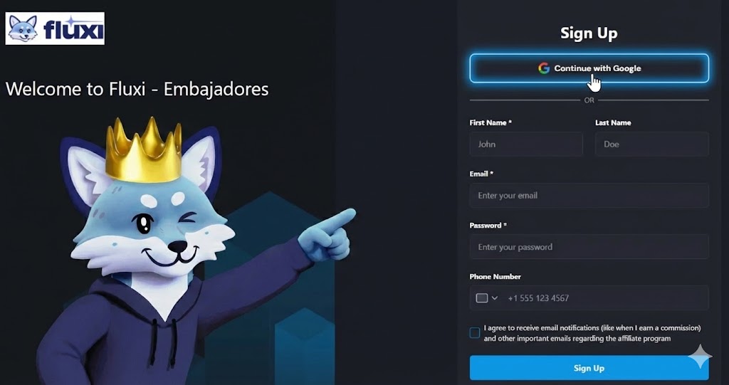 Portal de registro Fluxi Embajadores